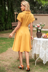Elegantes gelbe V Hals Vintage Kleid